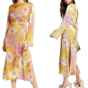 Topshop ASOS Tropical Floral Waist Cutout Bell Sleeve Midi Dress Woman’s Size 4